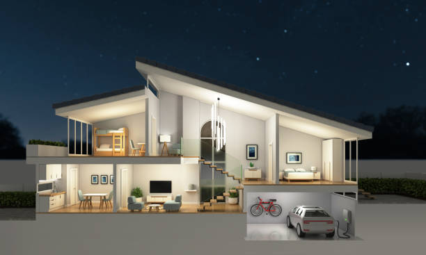 modern home cross section, night scene, 3d rendering, isolated illustration
